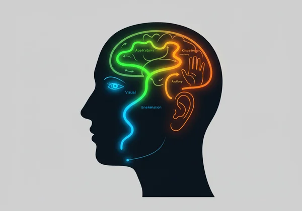 Abstract brain with visual, auditory, kinesthetic icons.