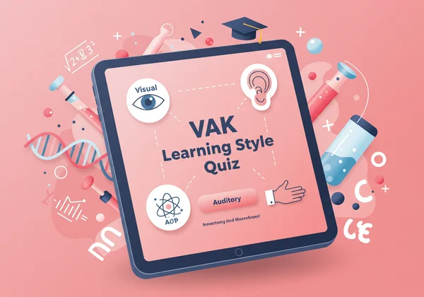 Quiz interface with VAK icons and math science elements.
