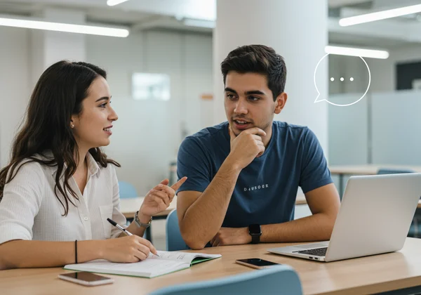 Two students engaging in a study group discussion.
