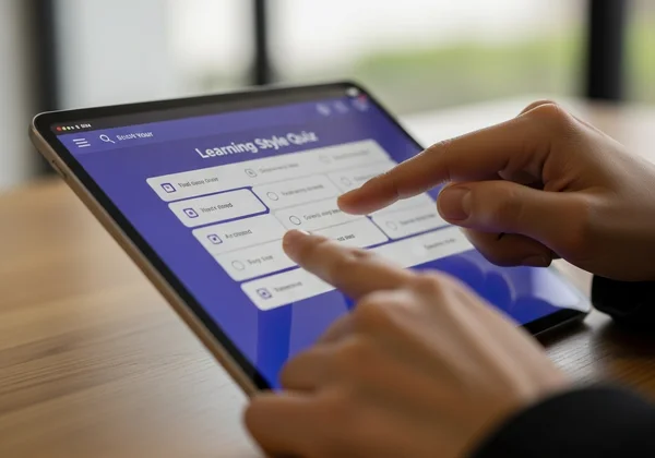 Persona realizando un cuestionario de estilo de aprendizaje en línea en una tableta