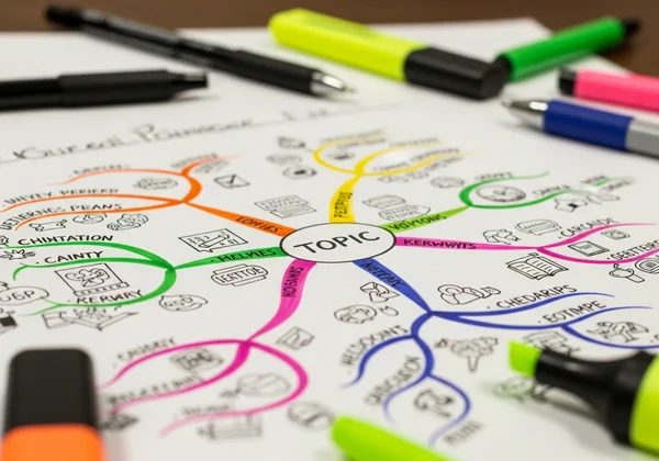 Mapa mental colorido que muestra ideas interconectadas para el estudio