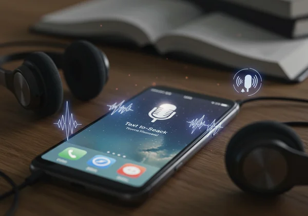 Smartphone displaying text-to-speech app with headphones.