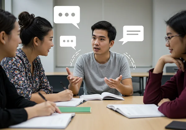 Students in a study group discussing concepts verbally.
