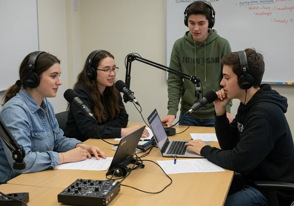 Students recording a podcast with microphones and laptop in class