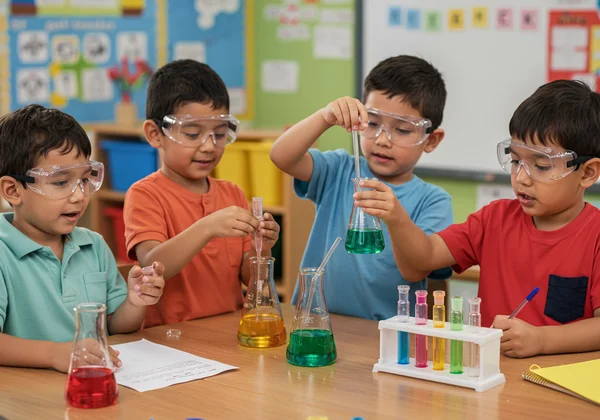 Kids conducting a science experiment with beakers and tubes