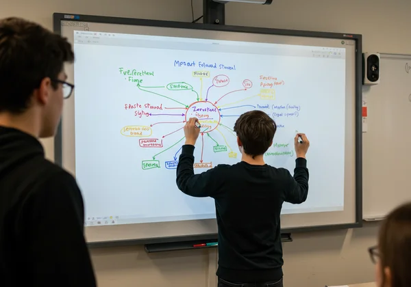 Students creating a colorful mind map on an interactive whiteboard