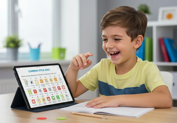 Criança a fazer um questionário online de estilo de aprendizagem num tablet