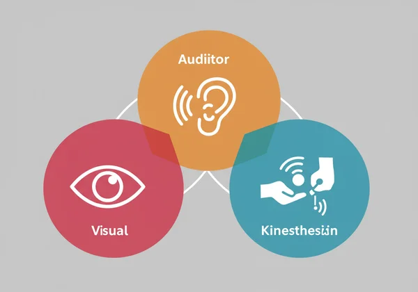 Gráfico do conceito de estilos de aprendizagem Visual, Auditivo, Cinestésico (VAK)