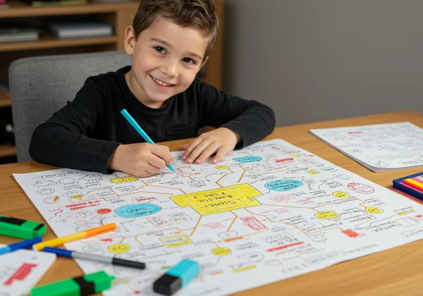 Criança a usar um mapa mental colorido para estudar para a escola