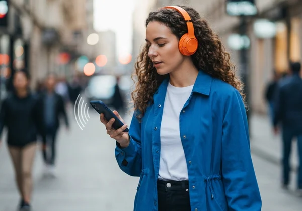 A person listening to a podcast on a phone, learning audibly