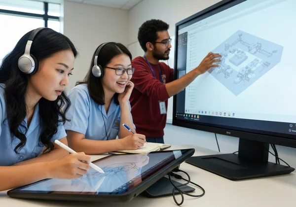 Diverse students collaborating using various digital learning tools