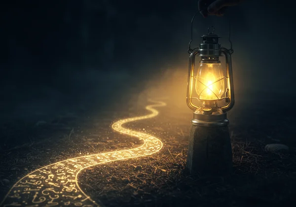 A warm lantern lighting a path, symbolizing guidance and clarity on a journey.